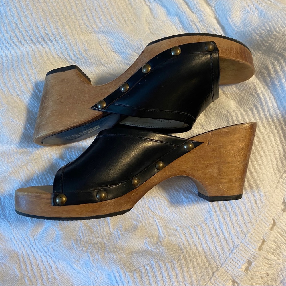 BONGO Vintage 90s Black Leather & Wood Clog 7